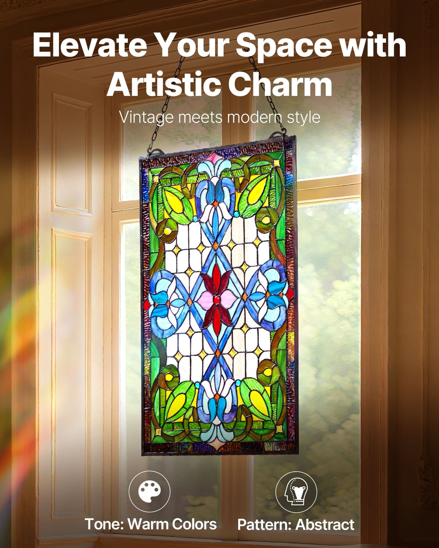 Stained Glass Window Panel 17x29 Inches Tiffany Style Hanging Transom Art Decor