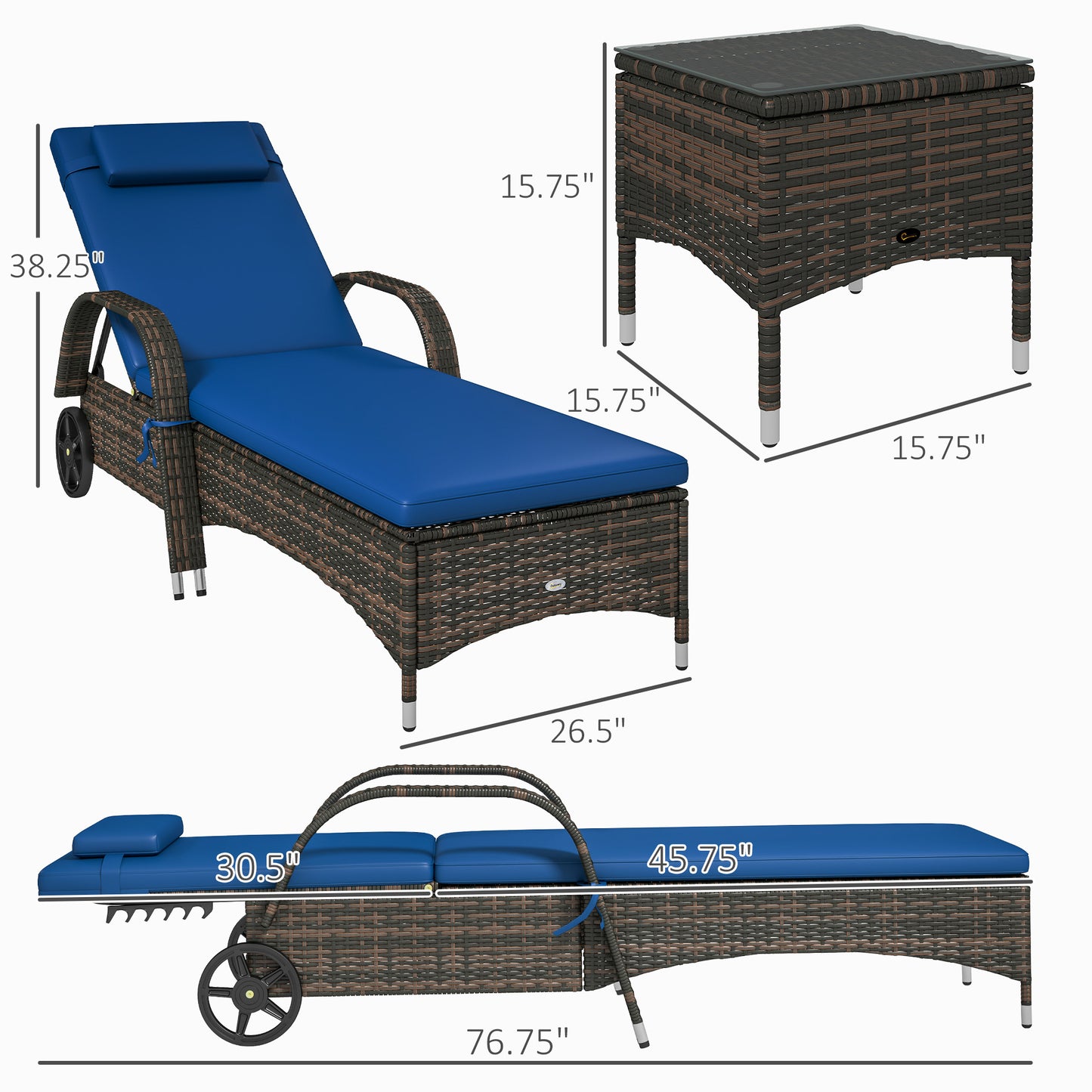 Blue Wicker Chaise Lounge Chair Set of 2 with Table & Cushions