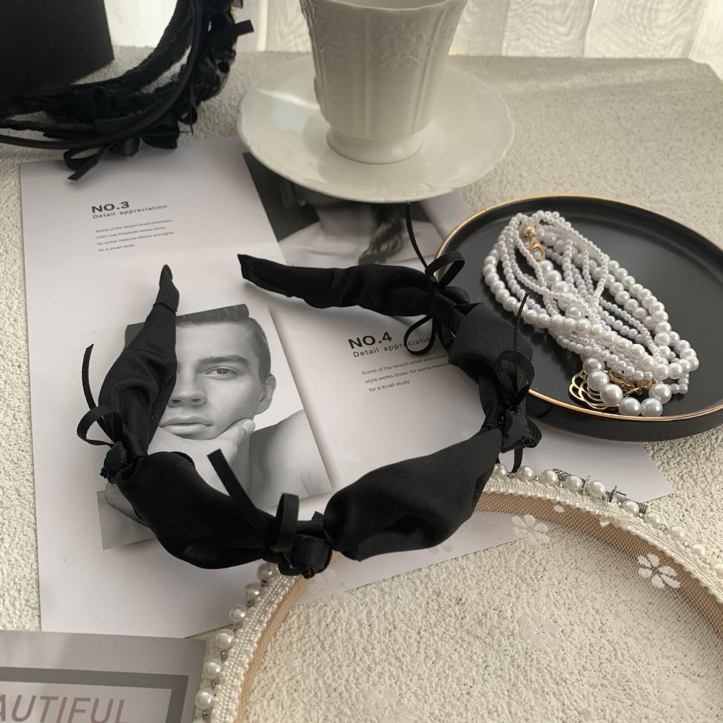 Black Rhinestone Hair Hoop - Exaggerated Wooden Ear Headdress for Hair Styling