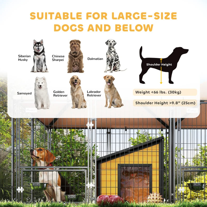 Large Outdoor Dog Kennel with 2 Rooms, Adjustable Bowls, Steel Frame, Coffee