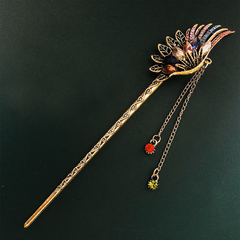 Feather Rhinestone Vintage Hanfu Hairpin with Tassel Coil