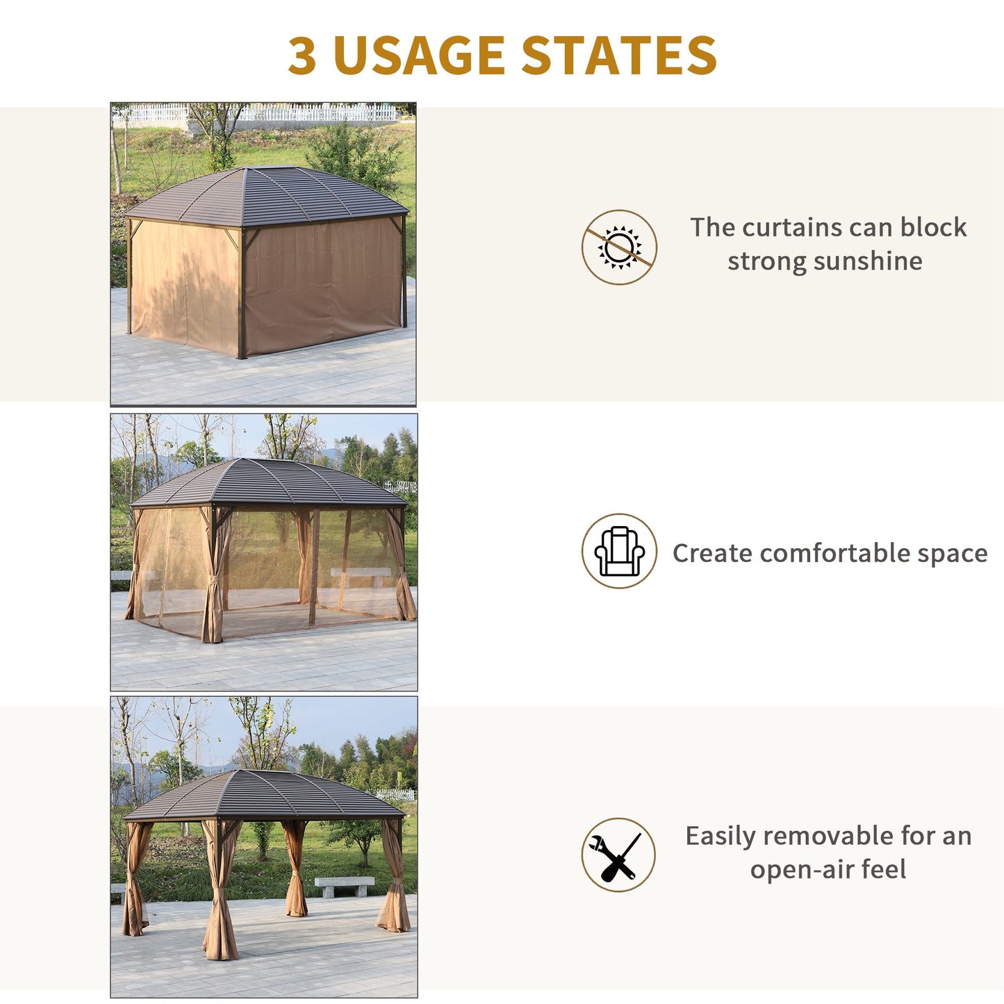 10x13 Hardtop Gazebo with Curtains & Netting - Brown Pavilion