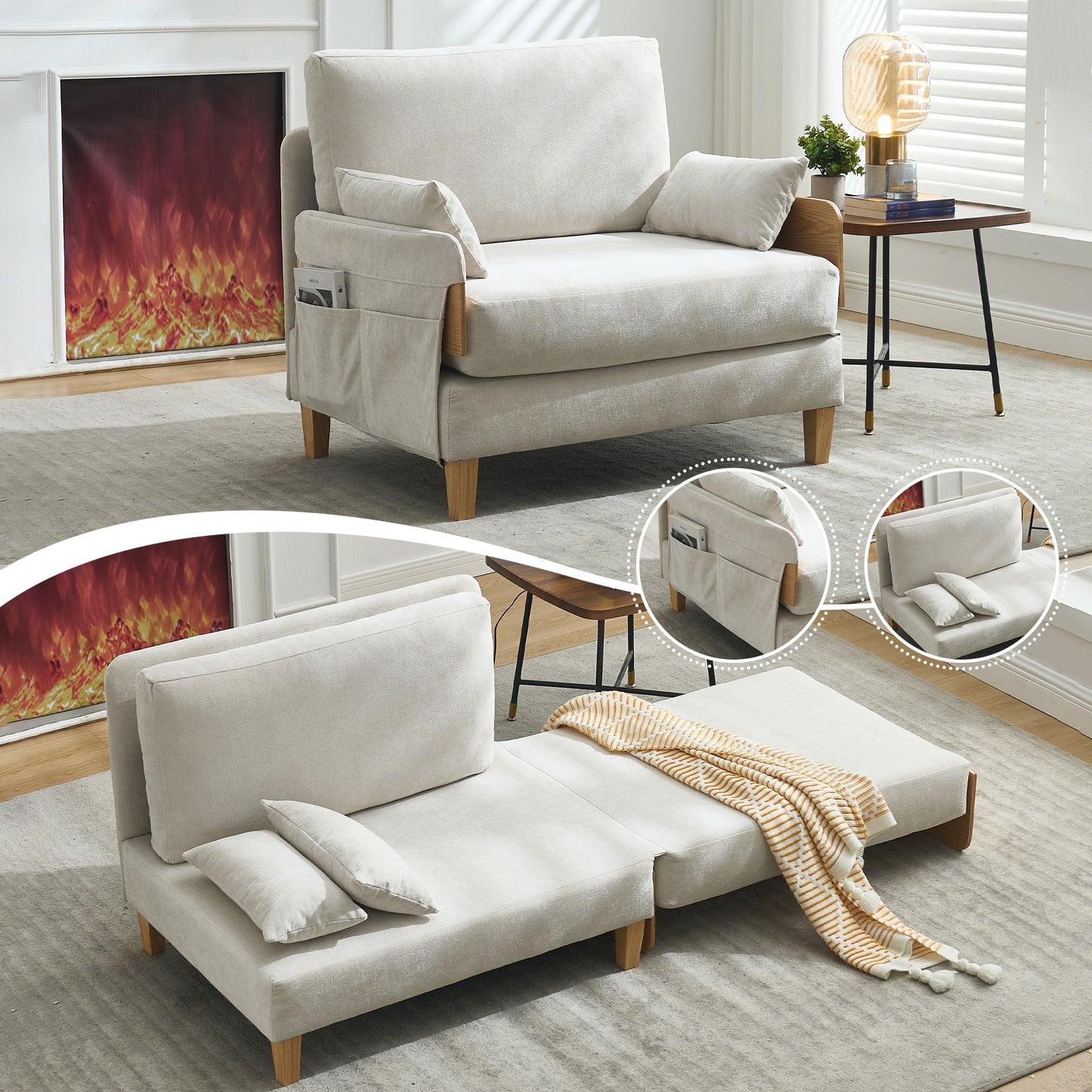 Foldable Sofa Bed Recliner - 3-in-1 Convertible Sleeper, Beige