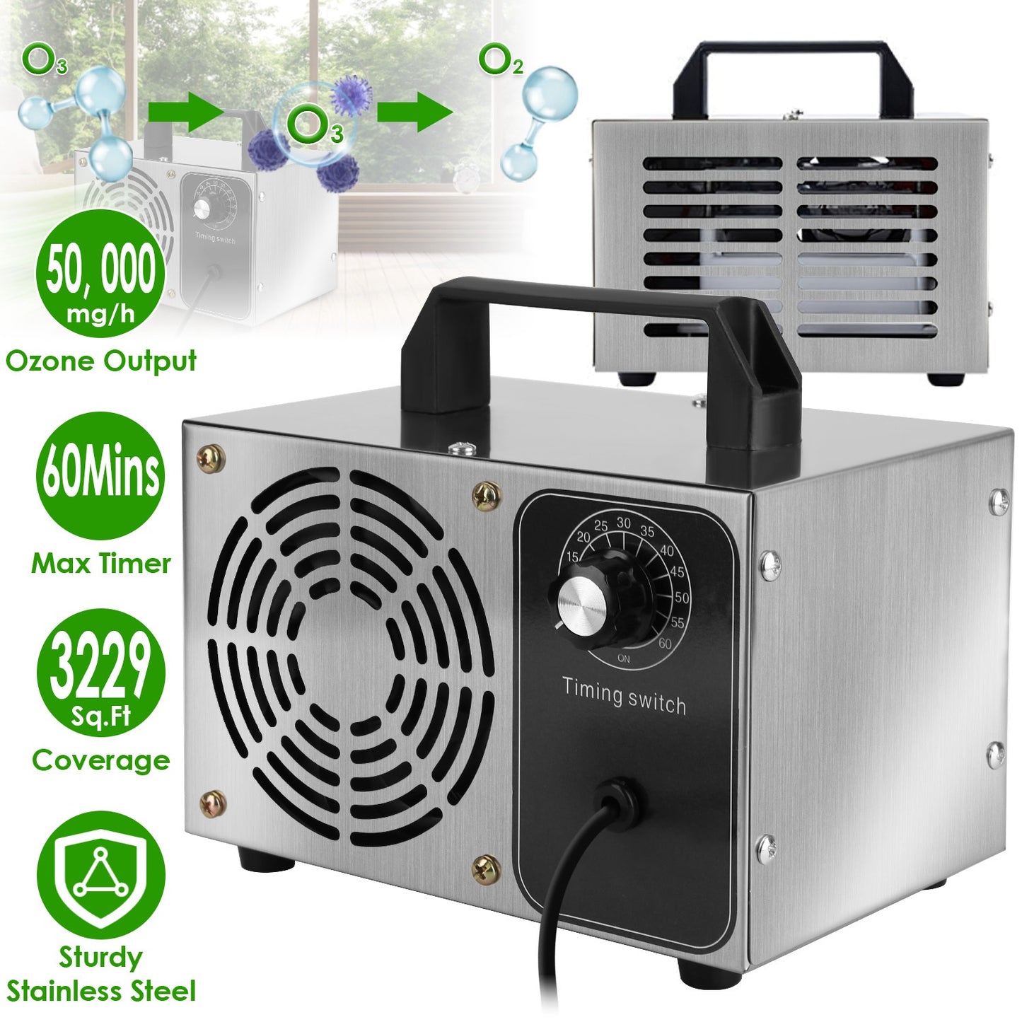 Ozone Generator Air Purifier Odor Eliminator for Large Rooms - 50,000mg/h, Timer, Silver