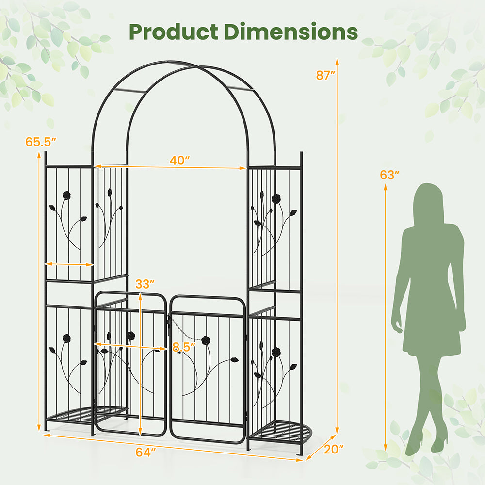 87 Inch Tall Garden Arch with Gate & Planter Shelves - Black