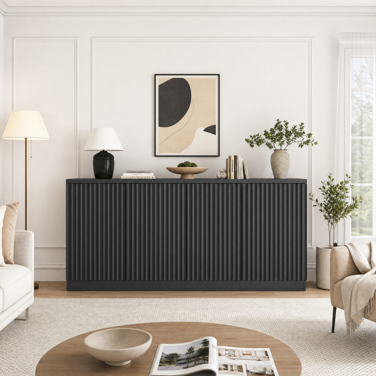 Black Buffet Cabinet with 4 Doors & Shelves - 62.6" Sideboard