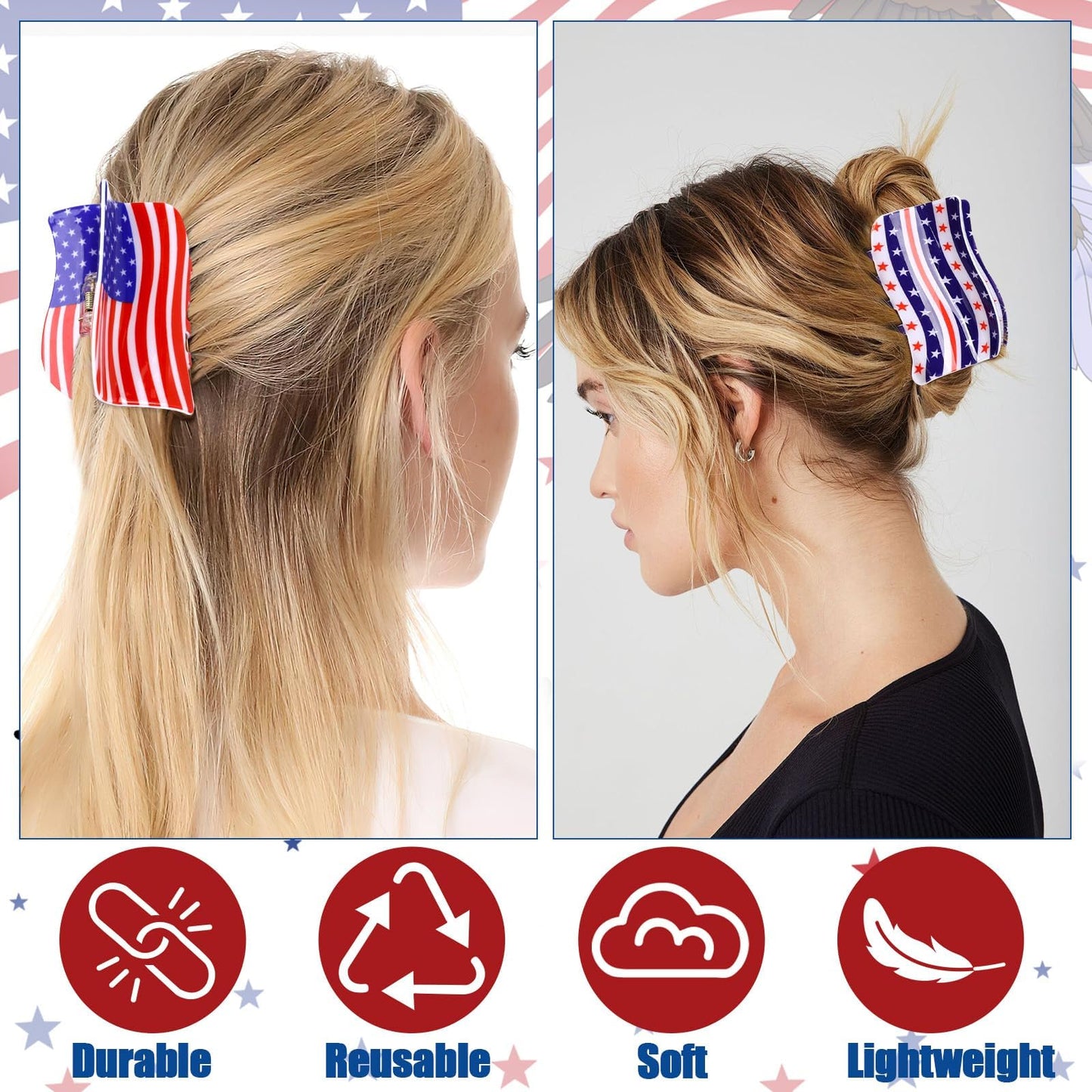 American Flag Hair Clip Set - 4th of July Claw Clips, 3 Pcs