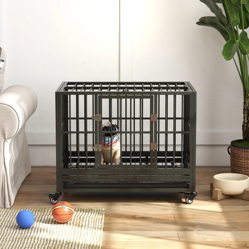 Heavy Duty Metal Dog Crate with Lockable Wheels, Double Doors & Removable Tray - Gray