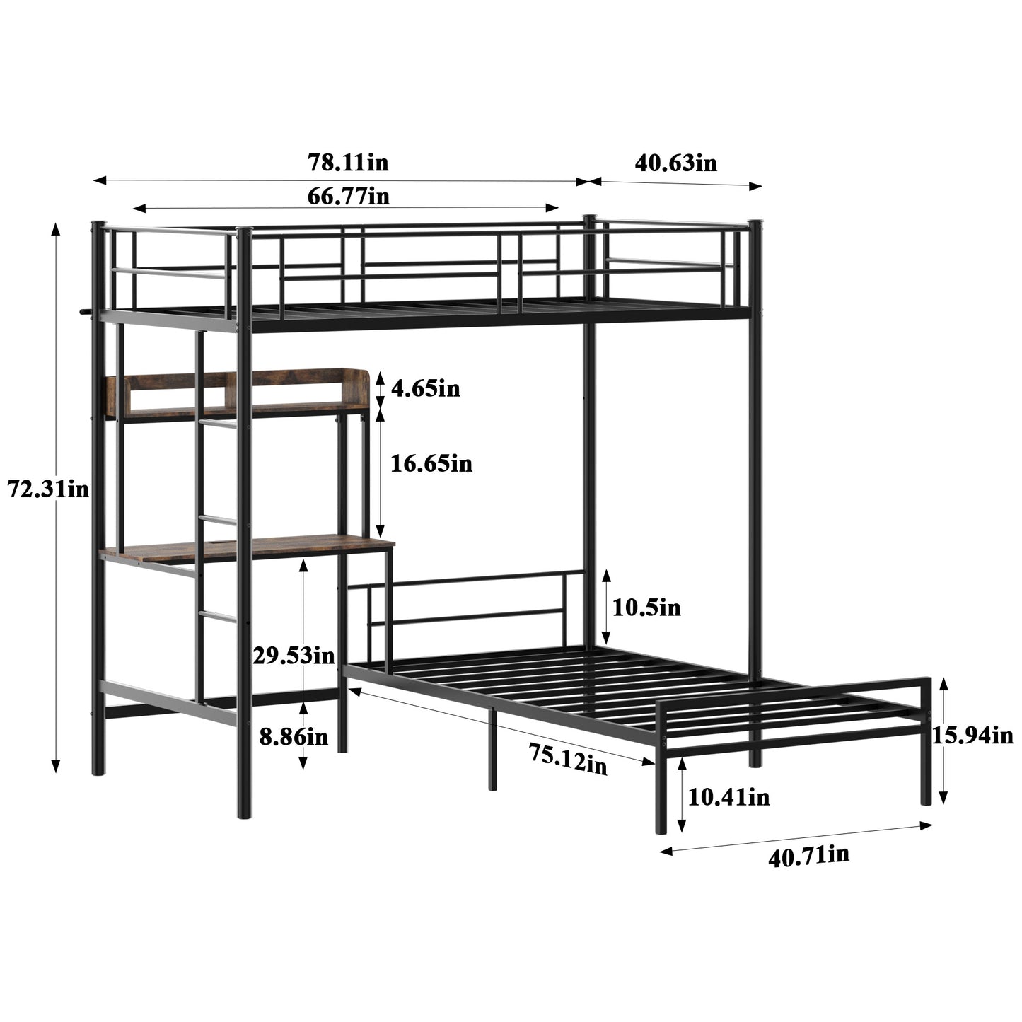 L-Shaped Twin Bunk Bed with Desk & Charging Station - Black