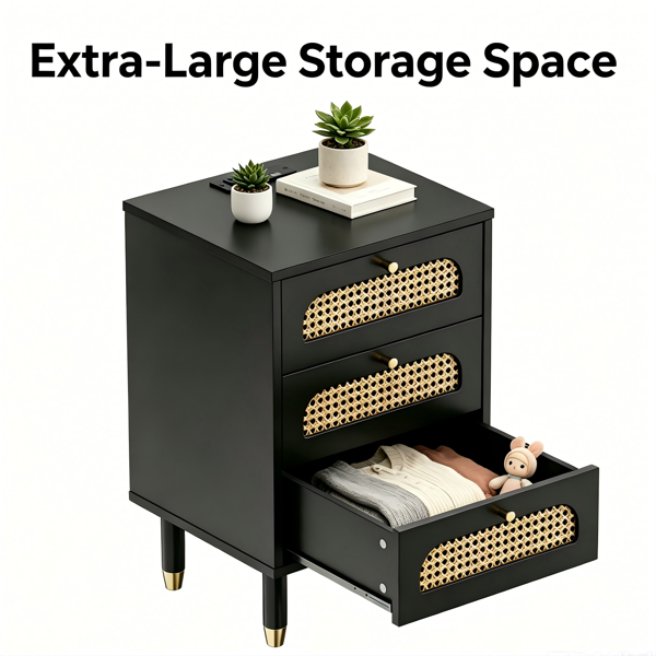 3-Drawer Nightstand with Rattan Fronts and Power Outlet - Black