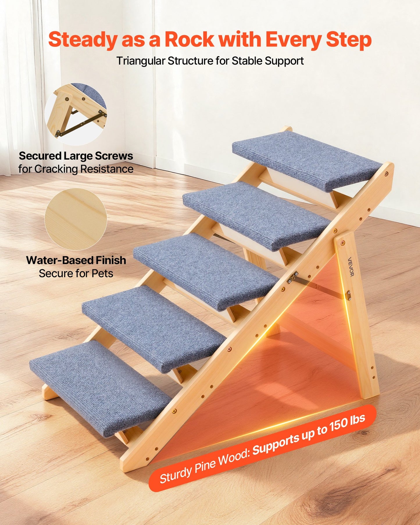 Wood Pet Stairs for Dogs & Cats - 5-Step Foldable Support Ladder, Black