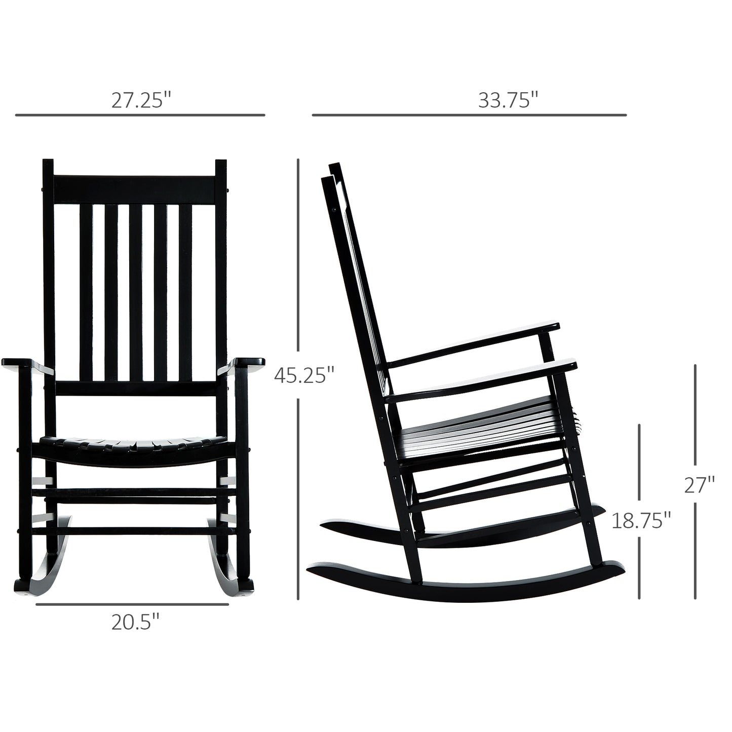 Wooden Outdoor Rocking Chair with Armrests - Black
