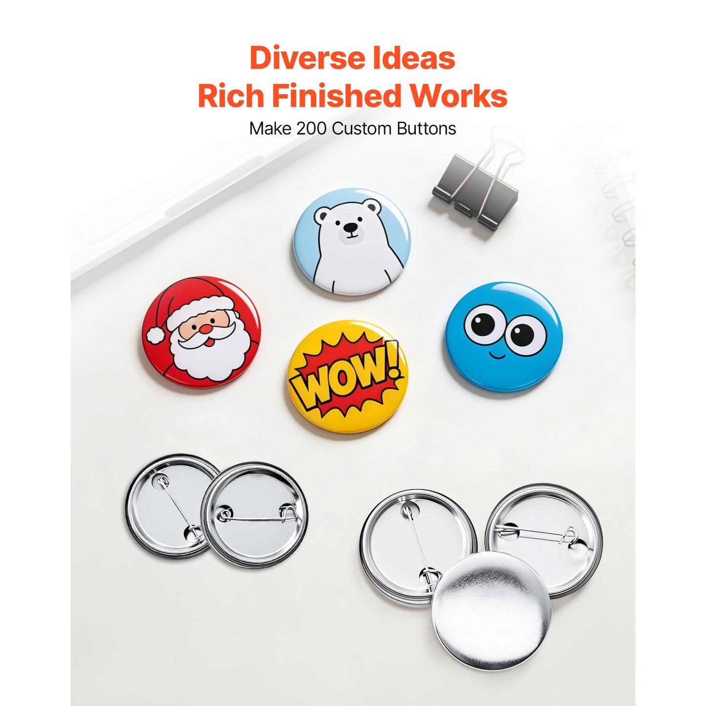 Button Maker Supplies 200 Sets DIY Pin Back Buttons with Metal Backs & Films