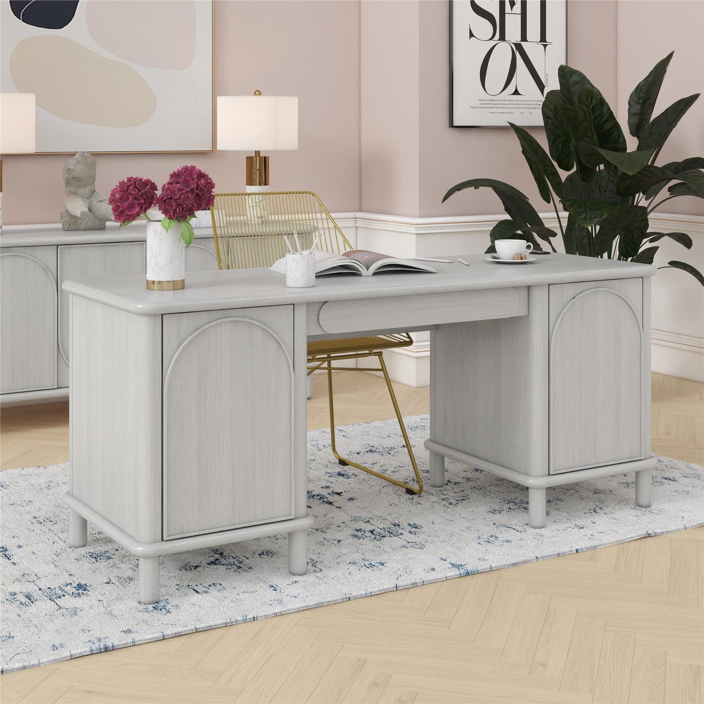 Selena Double Pedestal Desk - Rustic White Solid Wood