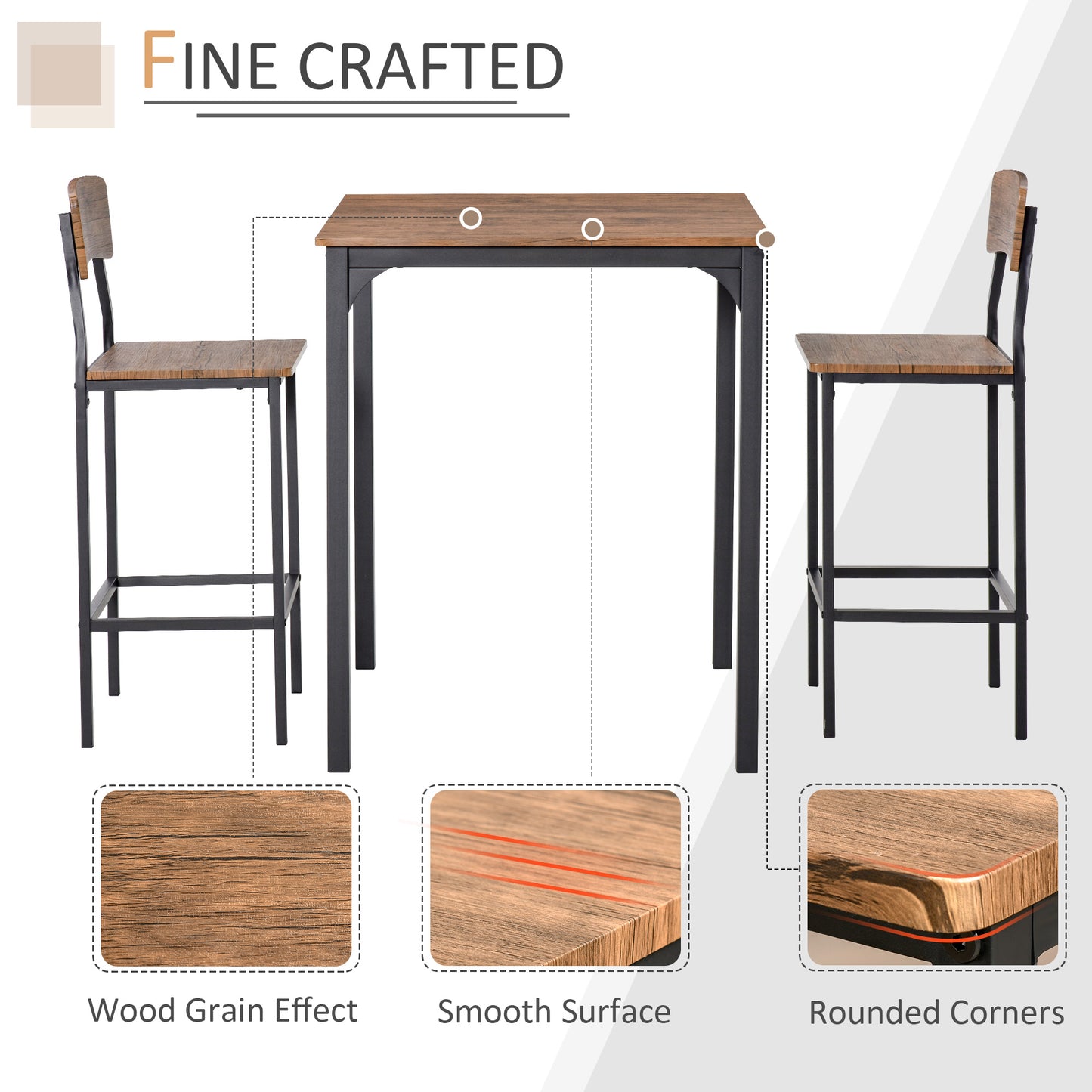 3-Piece Square Dining Table Set with 2 Stools - Walnut & Black