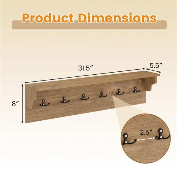 Wall Mount Coat Rack with Shelf - 6 Hooks, 110LBS Capacity
