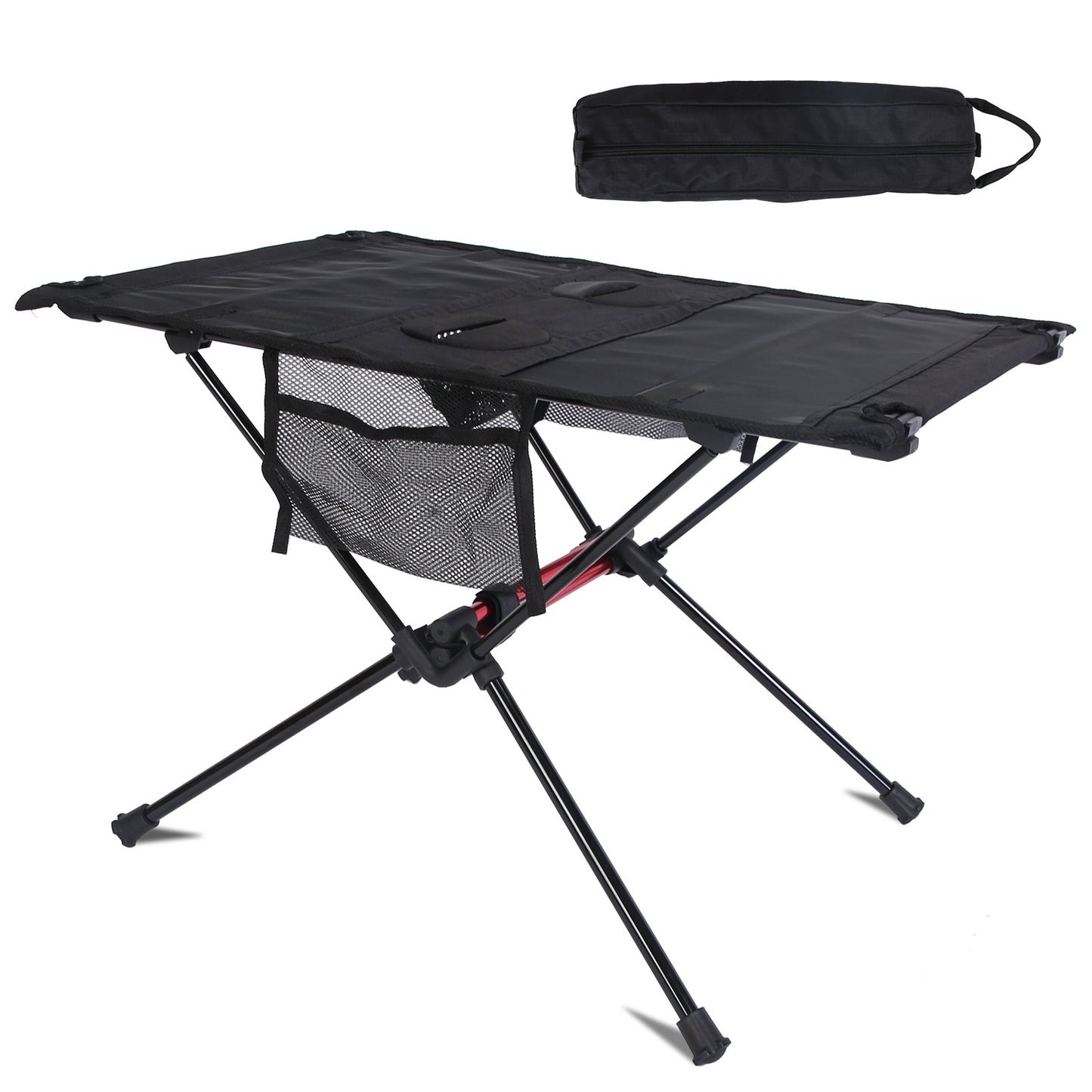 Portable Folding Camping Table with Cup Holders & Storage Bag - Black