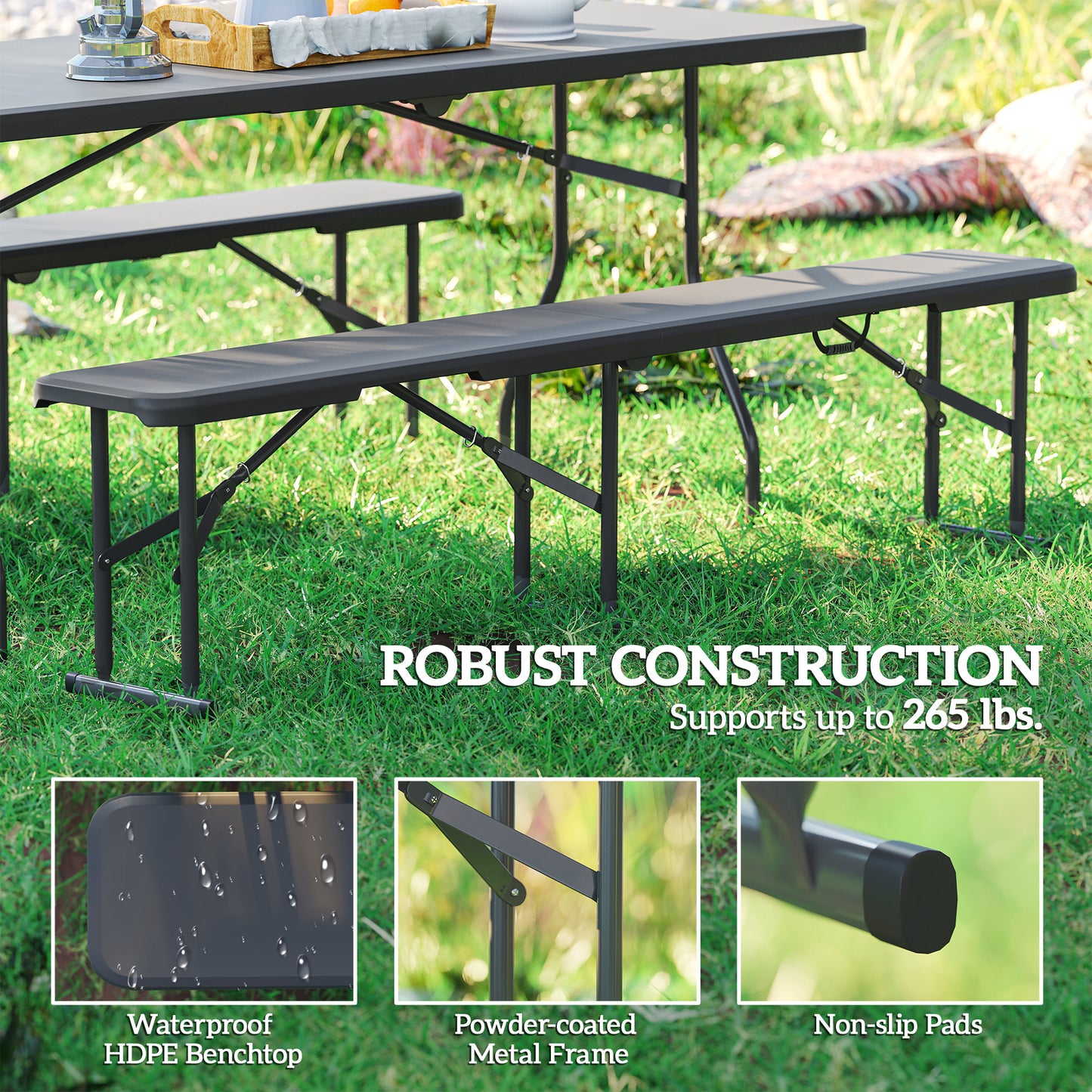 Portable Folding Camping Benches - Set of 2, 6 ft Black