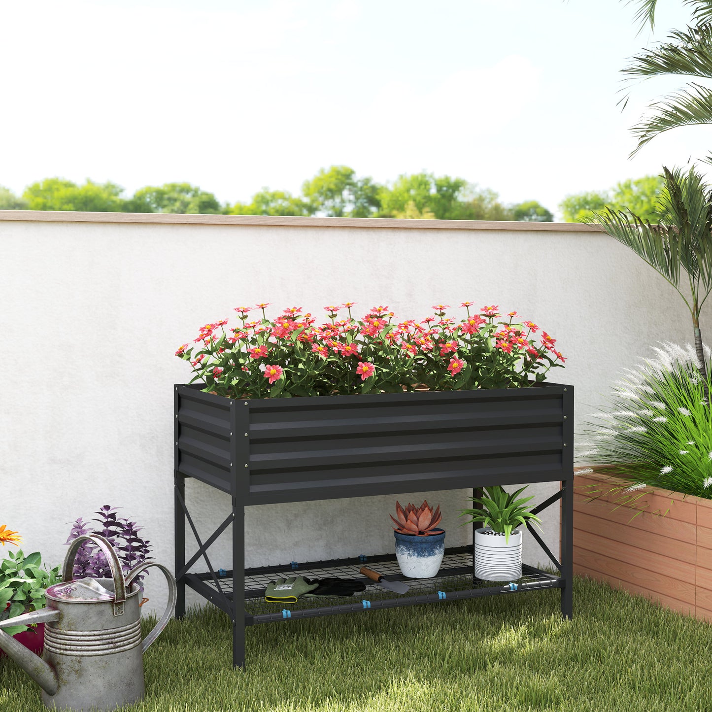 Galvanized Raised Garden Bed with Legs and Storage Shelf - Dark Gray, 1180x360x95mm
