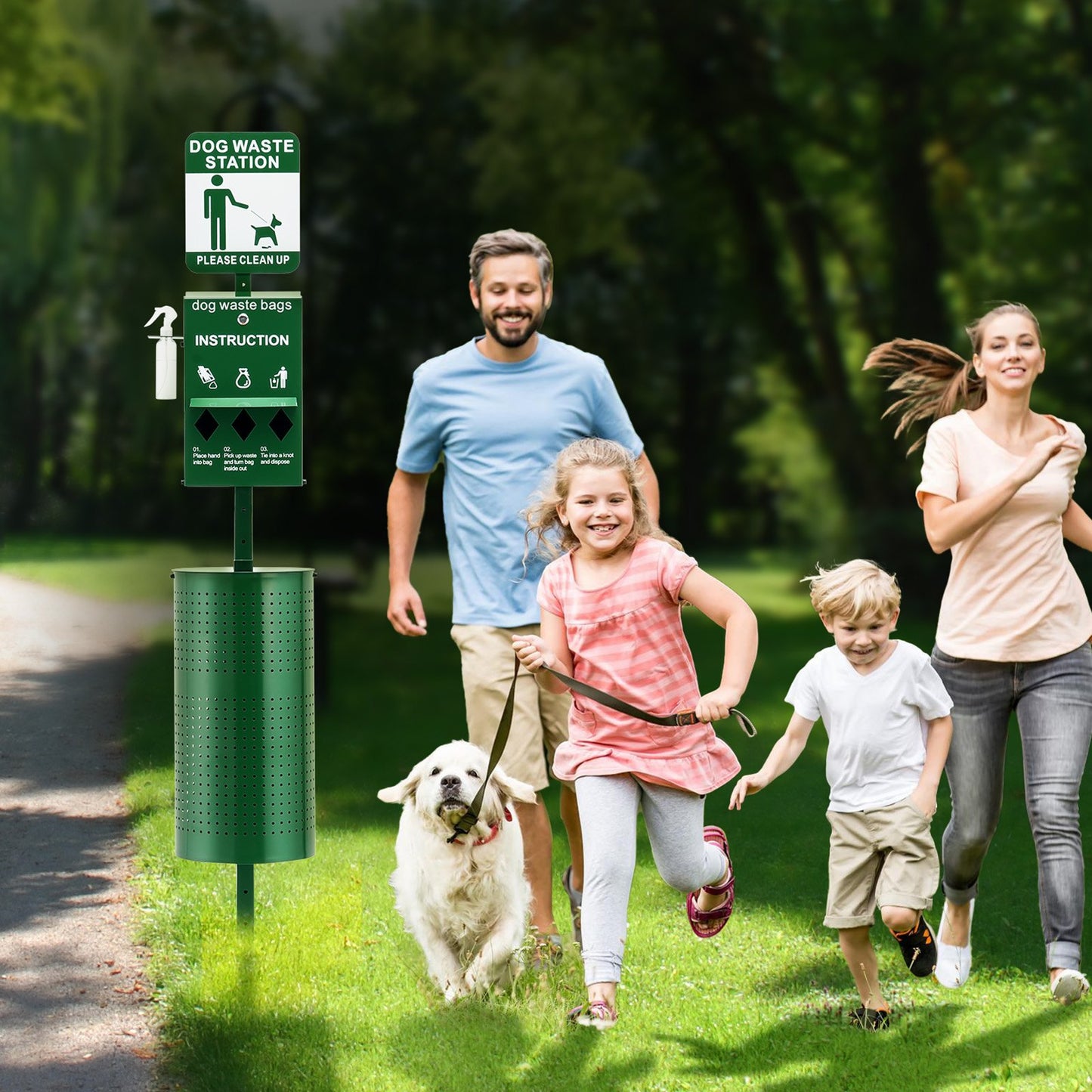 Dog Waste Station with 600 Poop Bags, Large 11.5-Gallon Trash Can, Green