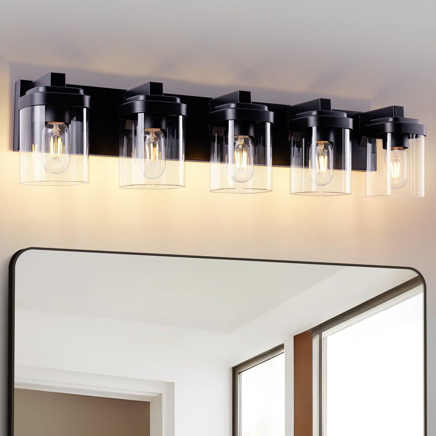 5-Light Matte Black Bathroom Vanity Light Fixture with Clear Glass Shades, Over Mirror Wall Sconce, No Bulbs Included