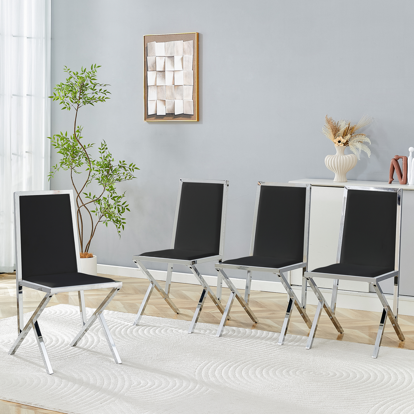 4-pack Silver Metal Framed Black PU Dining Chairs Ergonomic Design, A