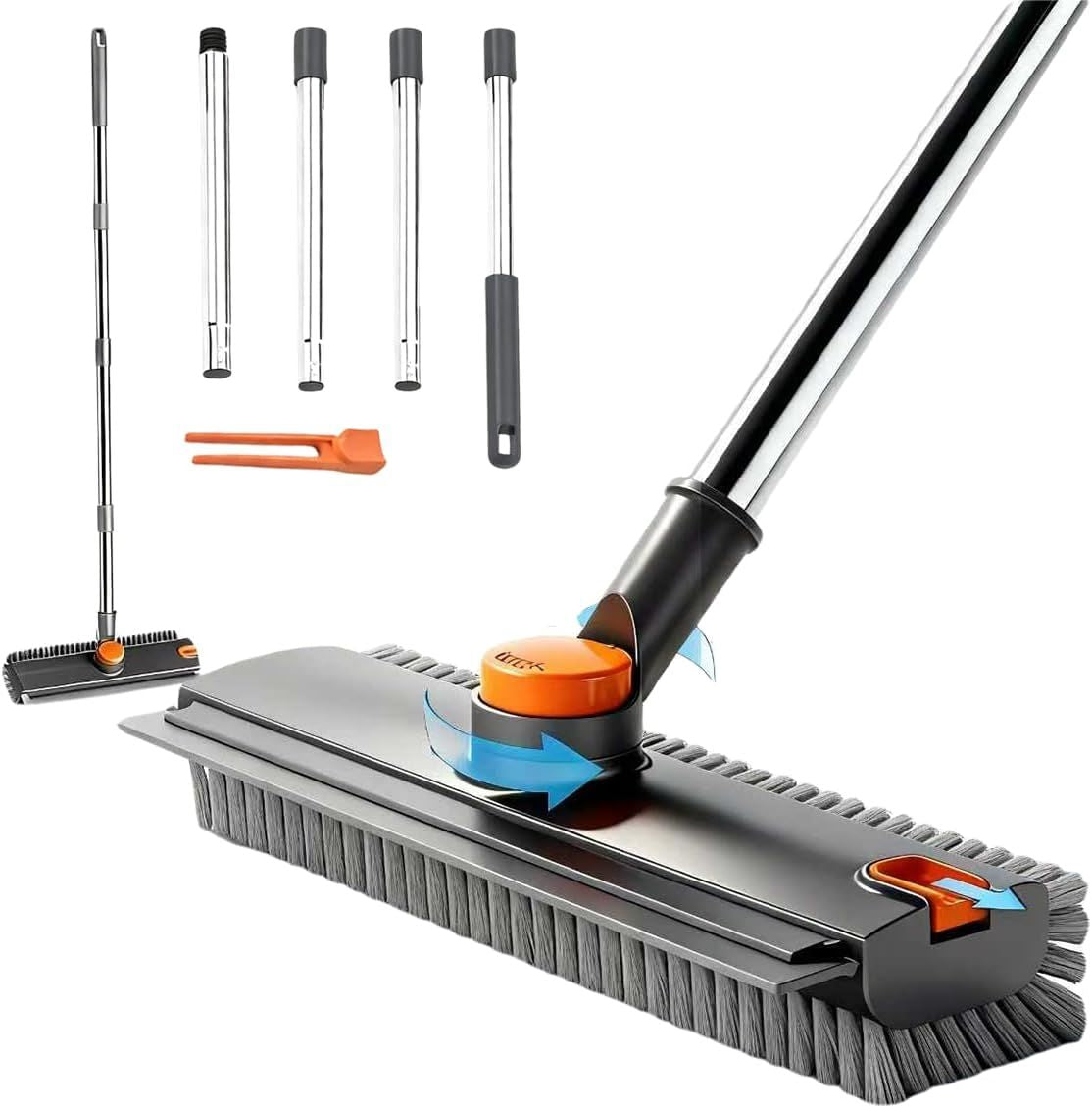 Heavy Duty Floor Scrub Brush with Long Adjustable Handle and Stiff Bristles - Grey & Black