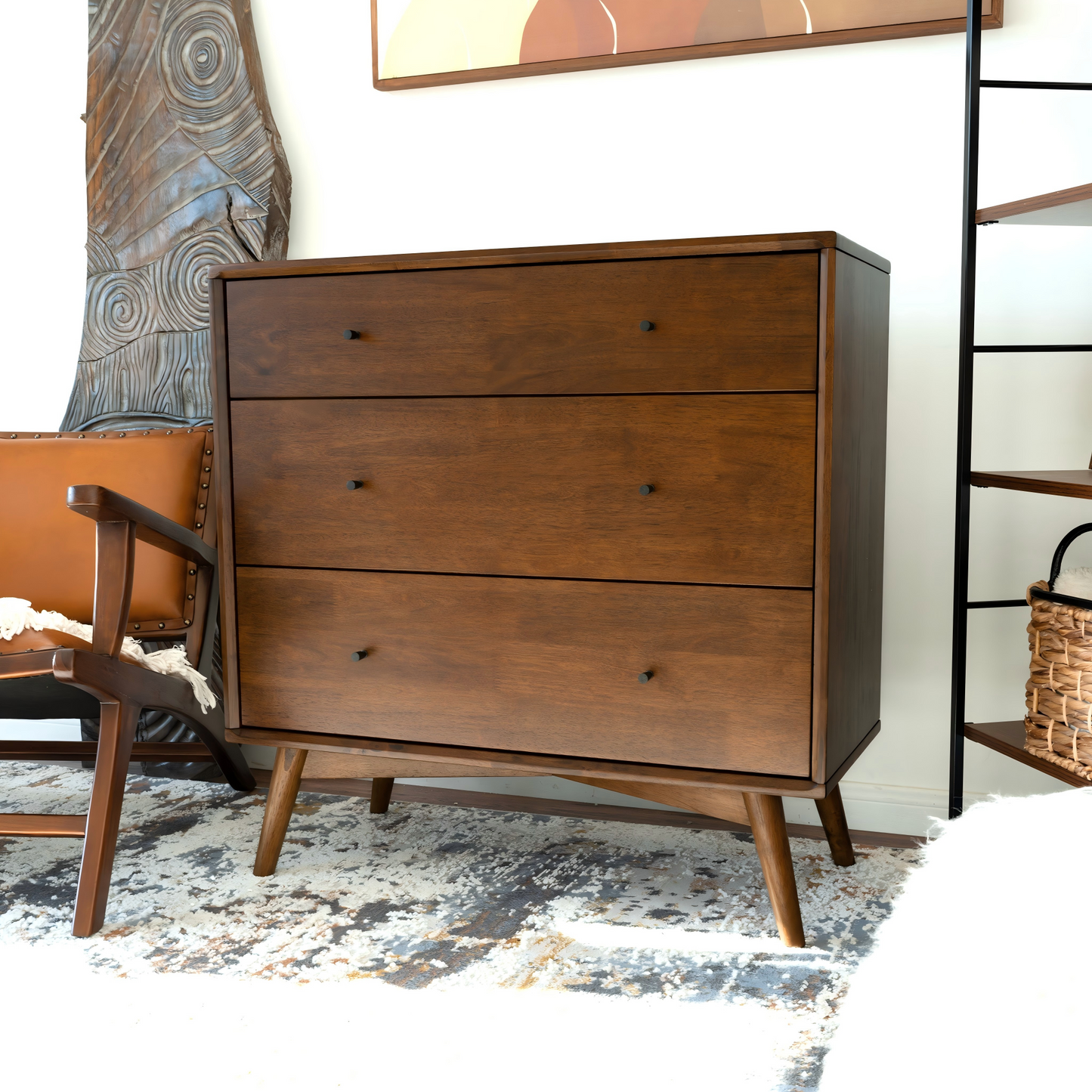 Caroline Mid Century Modern Solid Wood Dresser 3-Drawer For Bedroom
