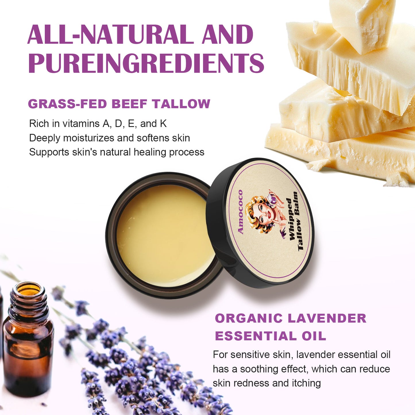 Whipped Tallow Balm with Lavender - Deep Hydration Skin Moisturizer 120g