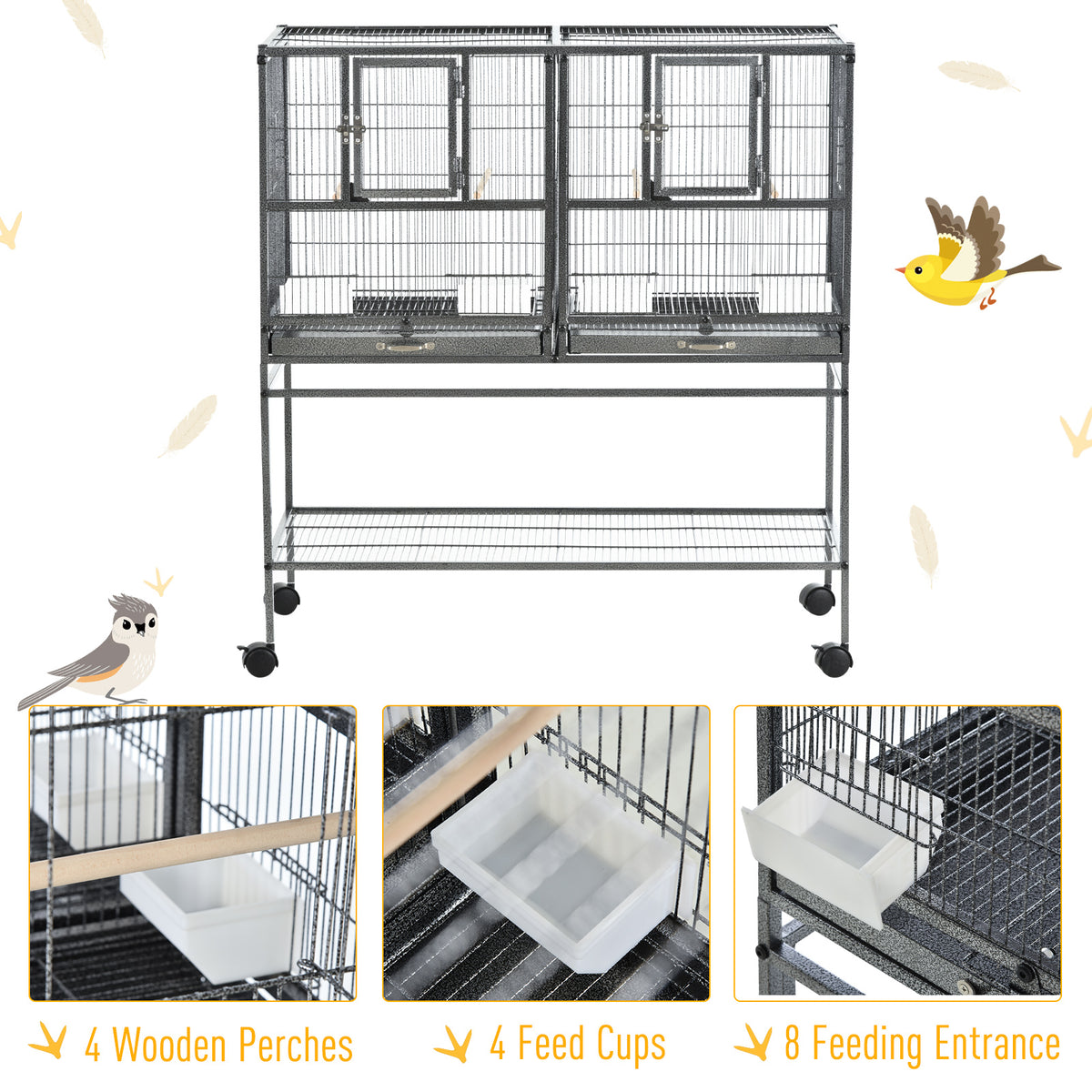 Divided Bird Cage with Rolling Stand, Removable Metal Trays & Storage Shelf