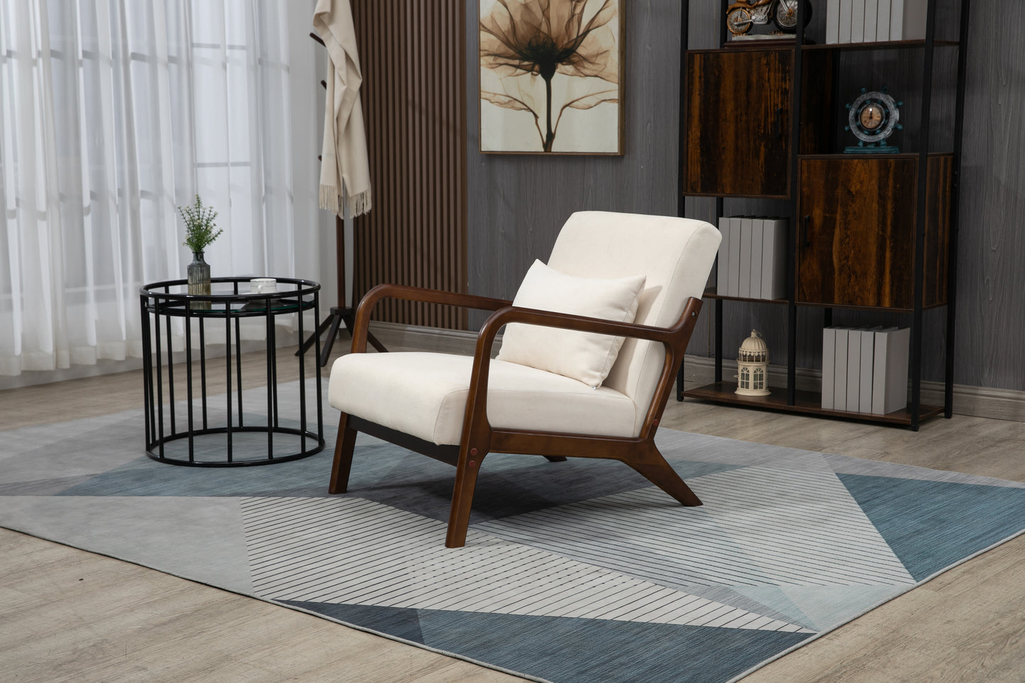 Mid Century Modern Accent Chair - Antique White Upholstered Armchair