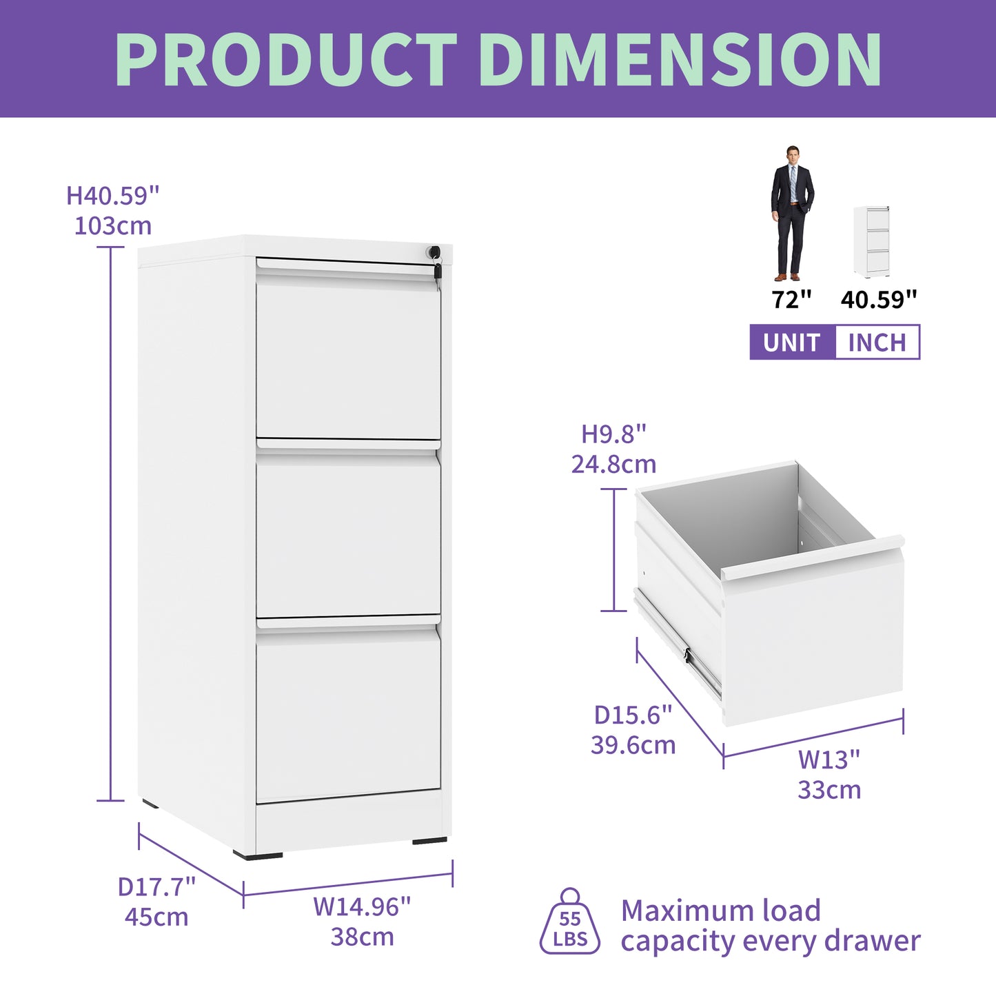 3 Drawer Metal Vertical File Cabinet With Lock Office Home Steel For
