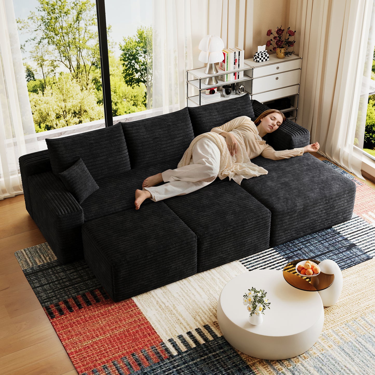 95" Cloud Sectional Sofa with 2 Ottomans - Black Corduroy