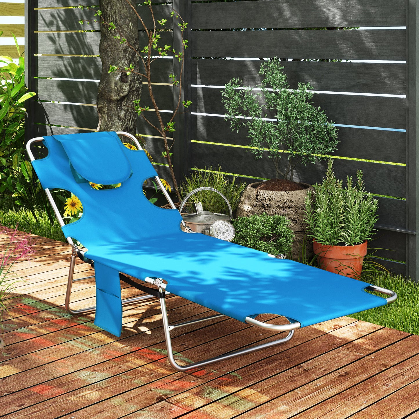 Folding Chaise Lounge Chair with Adjustable Backrest - Light Blue
