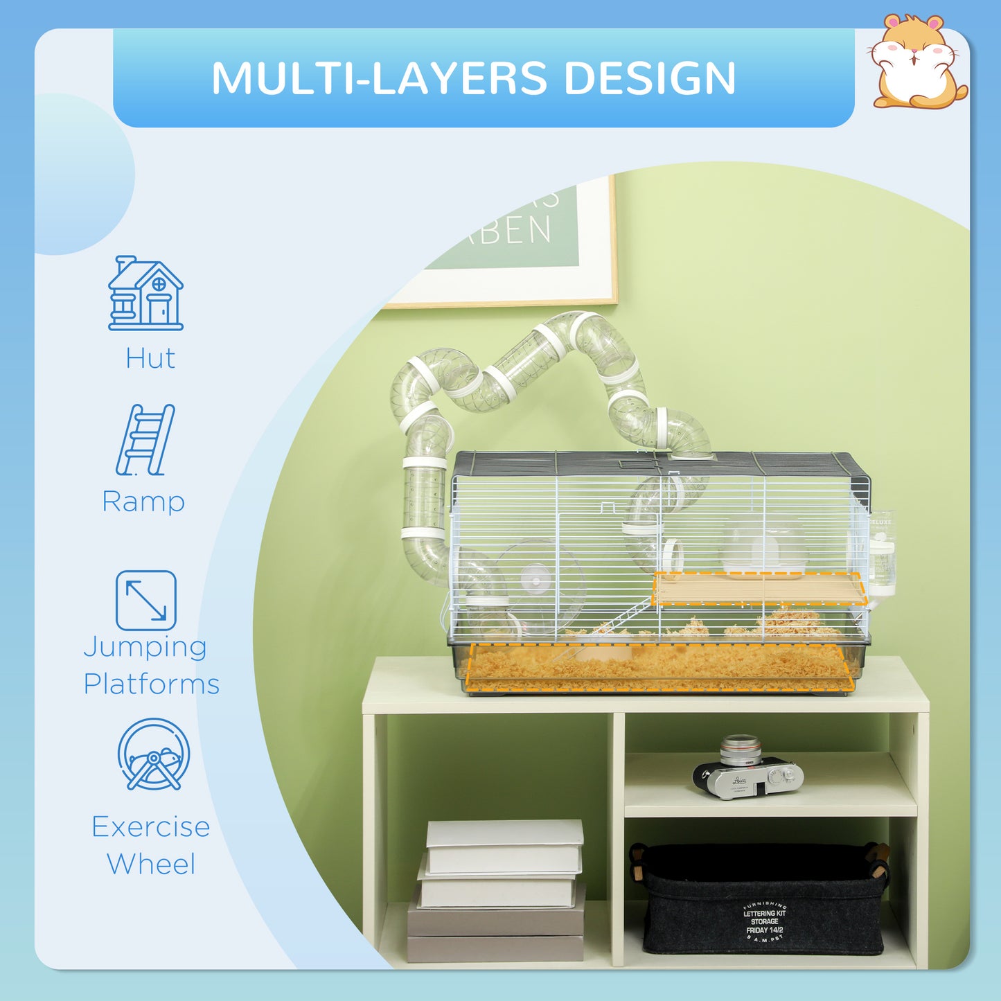Small Animal Cage for Gerbils & Dwarf Hamsters with Tubes Exercise Wheel Food Dish