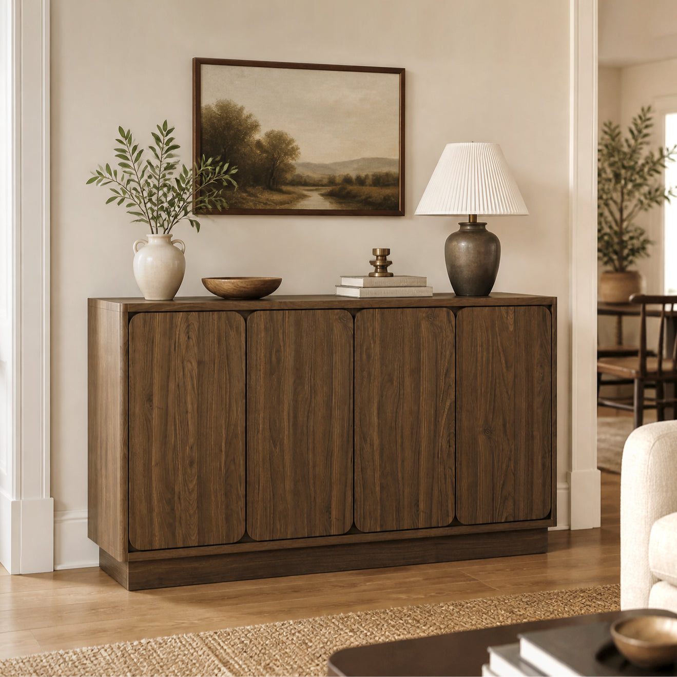 59.1" Walnut 4-Door Sideboard Buffet Cabinet with Adjustable Shelves