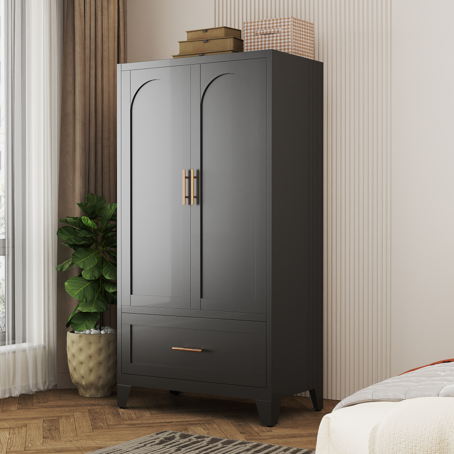 60" Tall Metal Wardrobe Cabinet with Drawer & Hanging Rod - Black