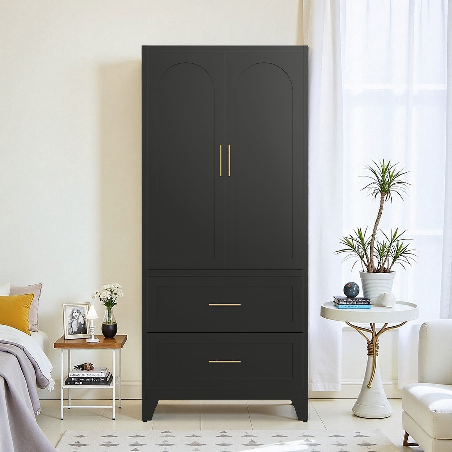 71" Tall Metal Wardrobe Cabinet with 2 Drawers & Shelf - Black