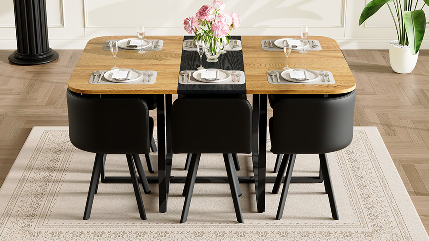 7-Piece Rectangular Dining Table Set with 6 Black Chairs