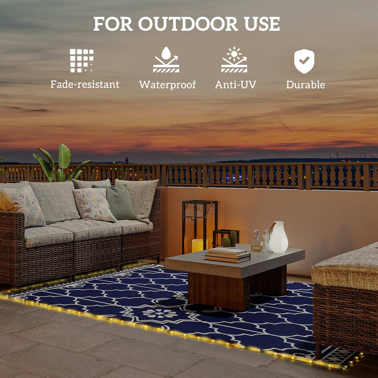 Reversible Outdoor Rug with LED Lights, 10x8 Waterproof Design