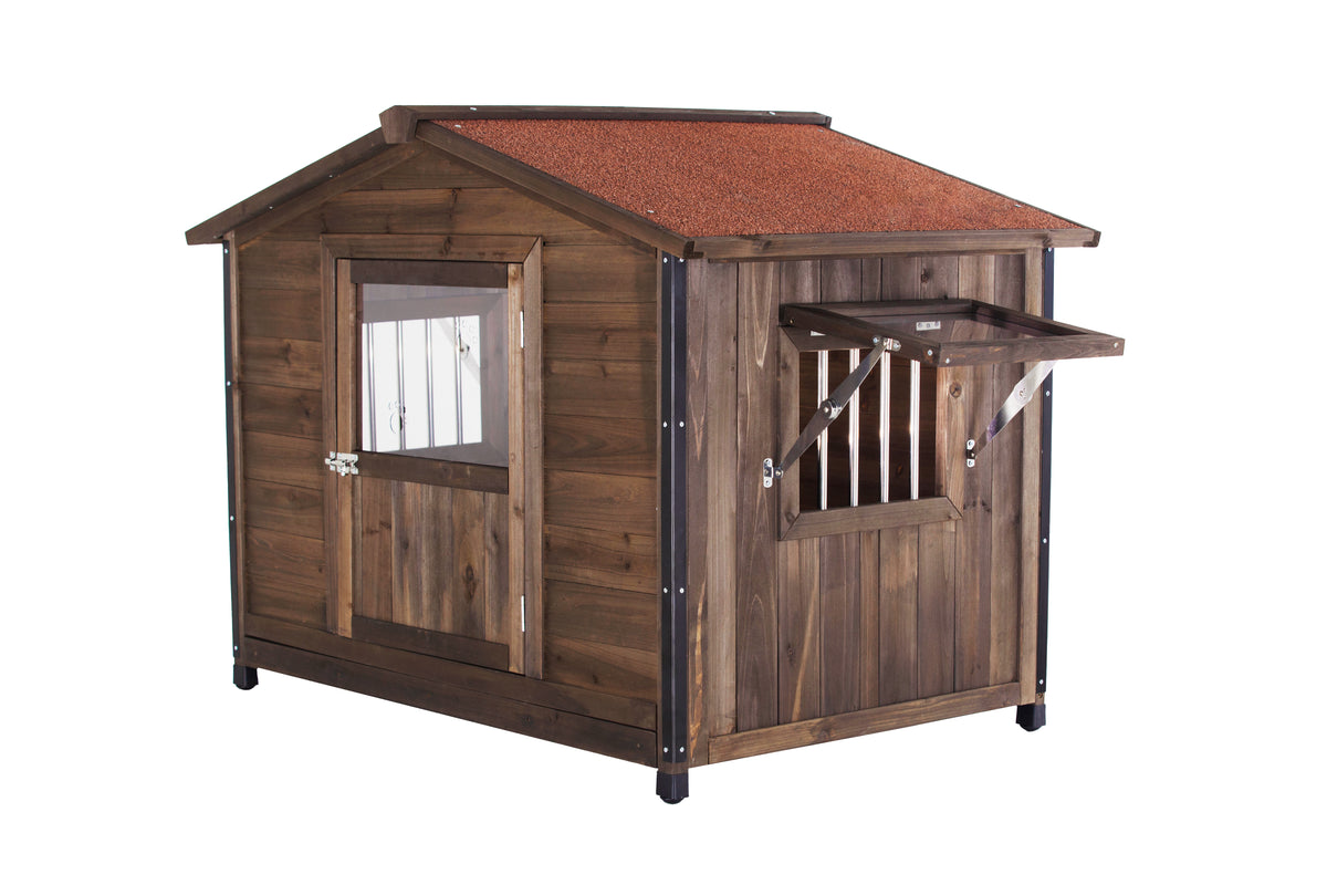Outdoor Wooden Dog Kennel with Iron Frame and Waterproof Roof - Large