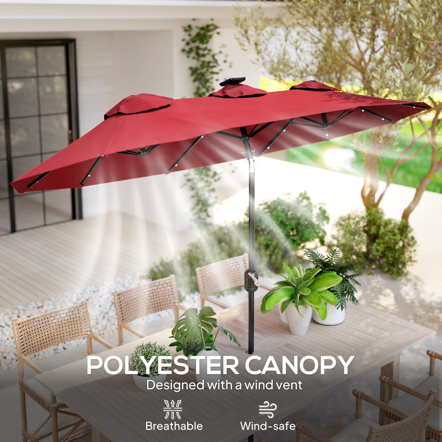 9.7' Double-Sided Patio Umbrella with Solar LED Lights - Wine Red