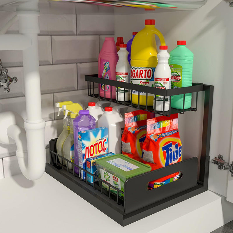 Pull-Out Double Layer Kitchen Sink Rack Removable Storage Organizer