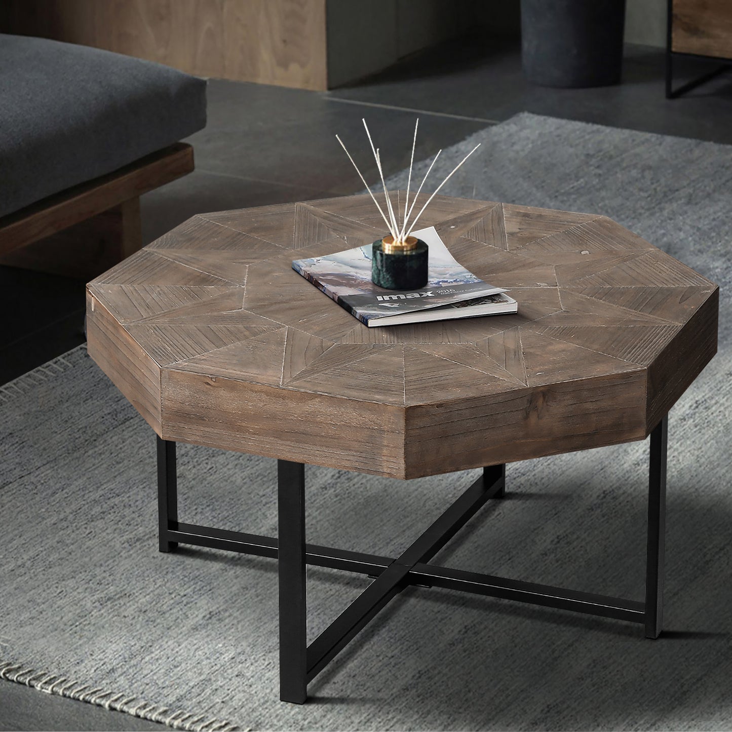 30-Inch Octagonal Vintage Coffee Table with Cross Metal Legs - Antique Brown