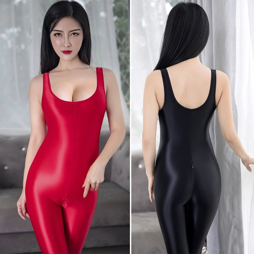 Fashionable Shiny Low-Neck Zippered Jumpsuit for Women