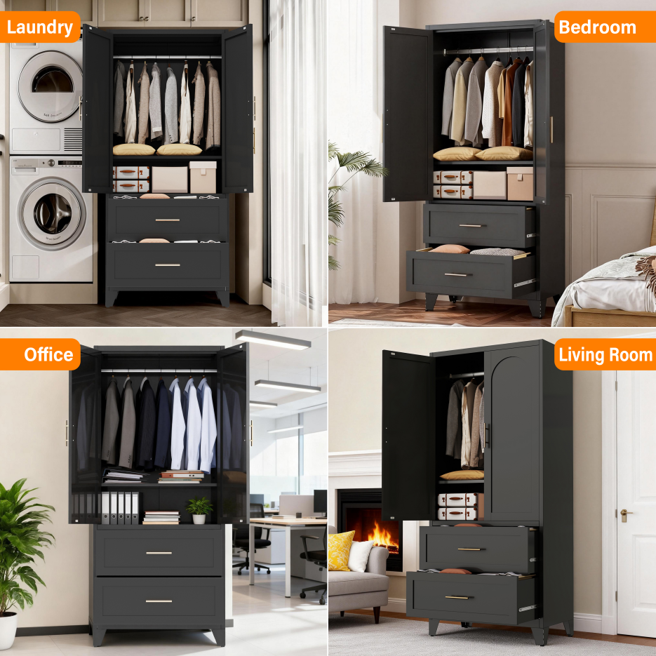 71" Tall Metal Wardrobe Cabinet with 2 Drawers & Shelf - Black