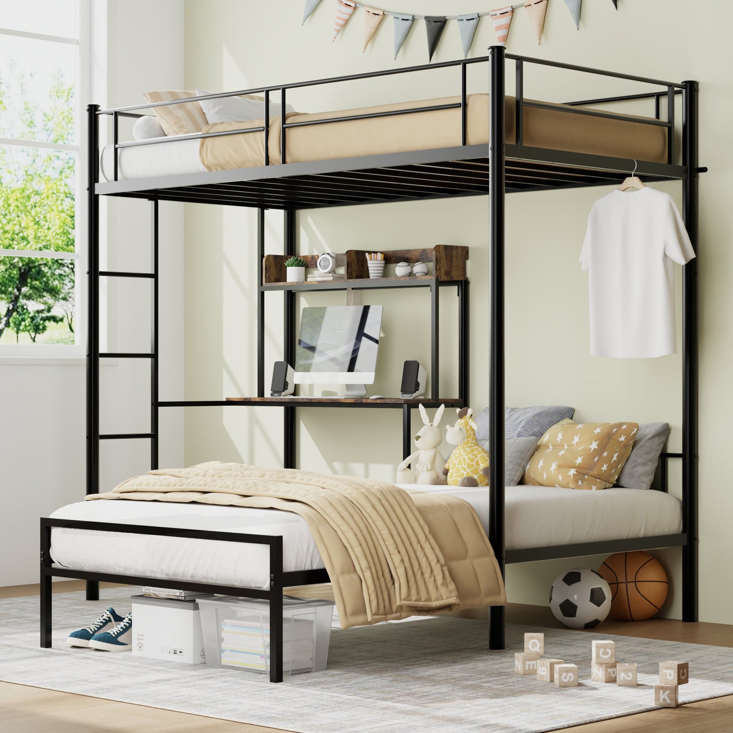 L-Shaped Twin Bunk Bed with Desk & Charging Station - Black