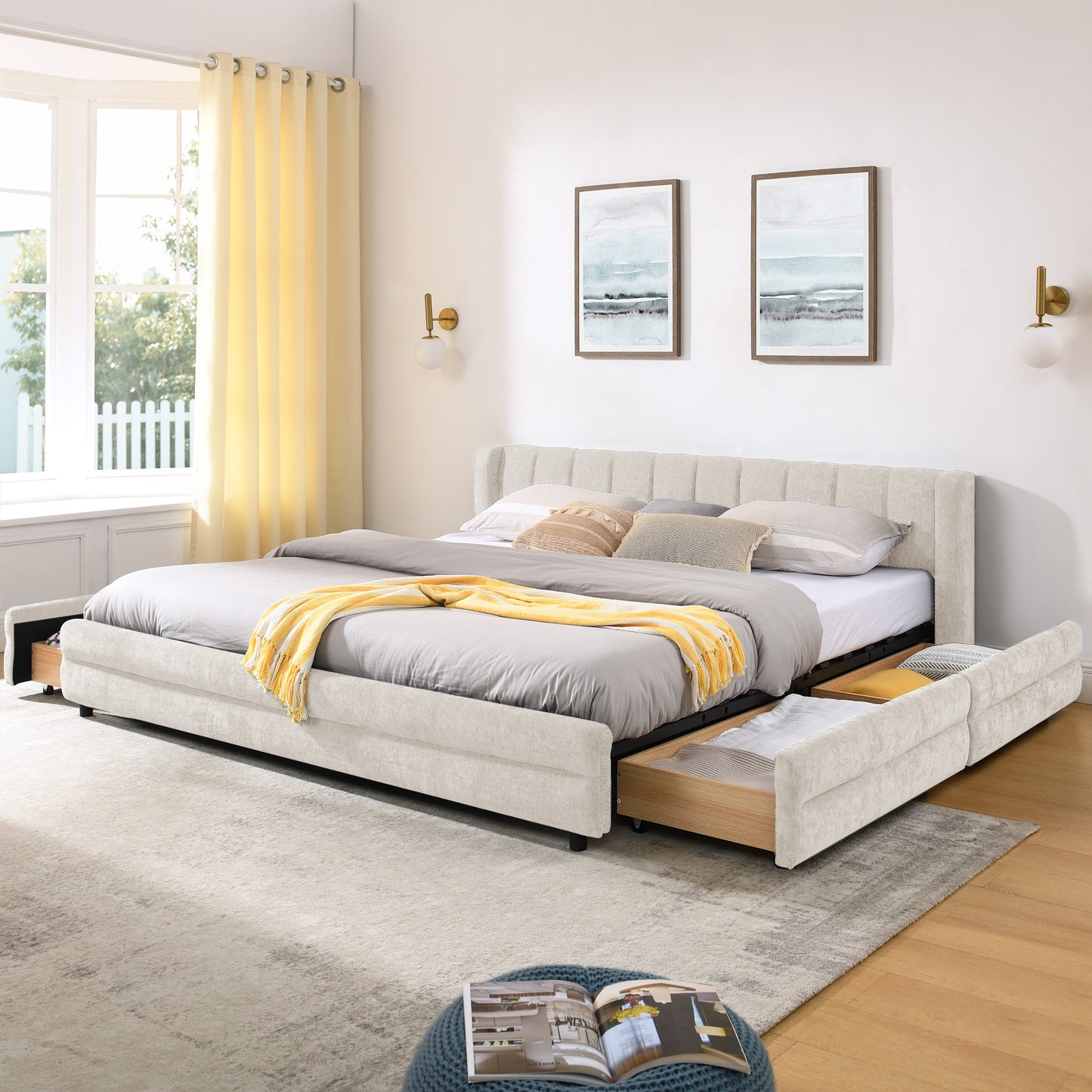 King Size Upholstered Bed Frame with Storage Drawer - Beige