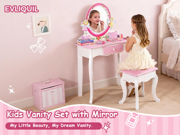 Kids Vanity Set Floral Printed Wooden Makeup Dressing Princess Table