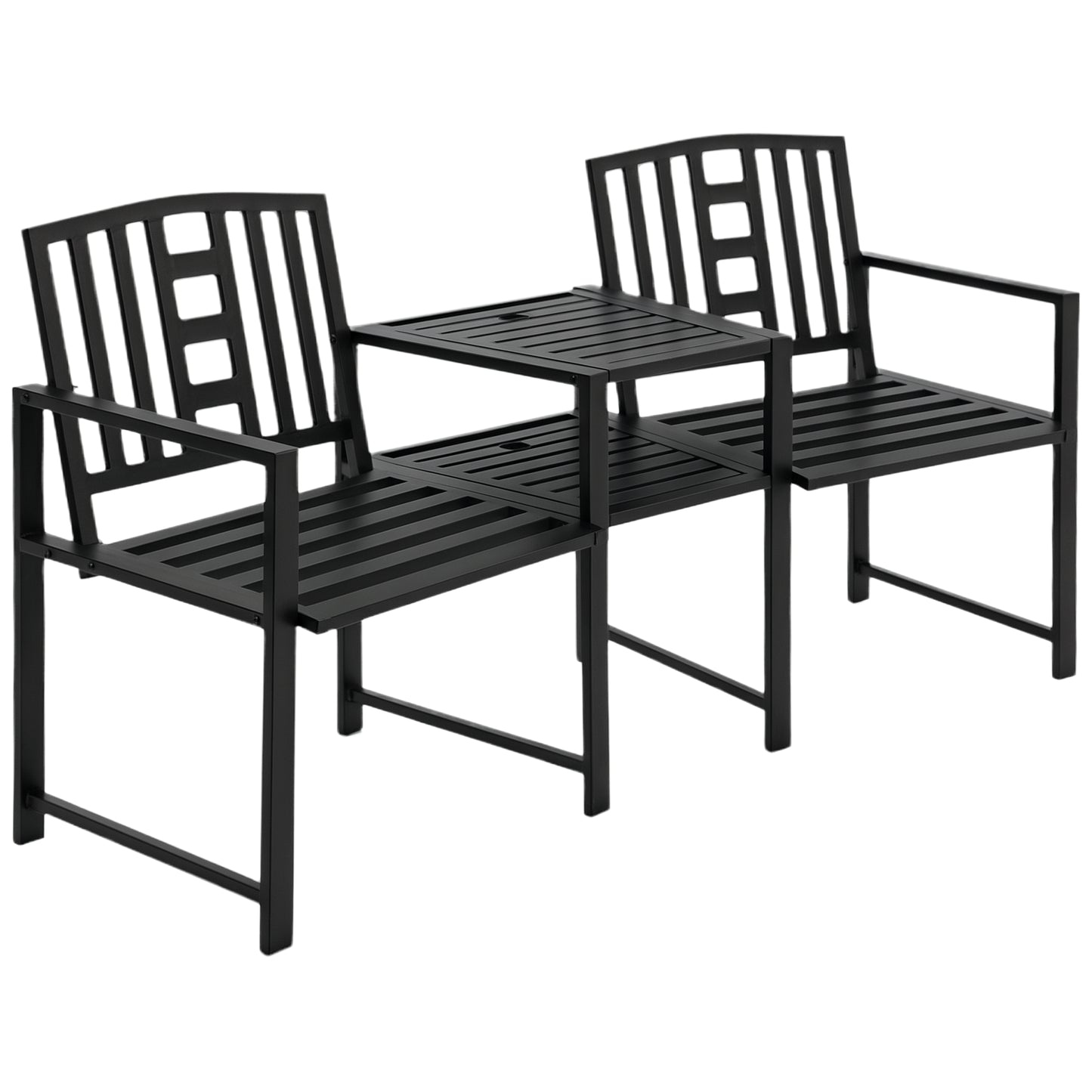 Metal Garden Bench with Table & Umbrella Hole - Black